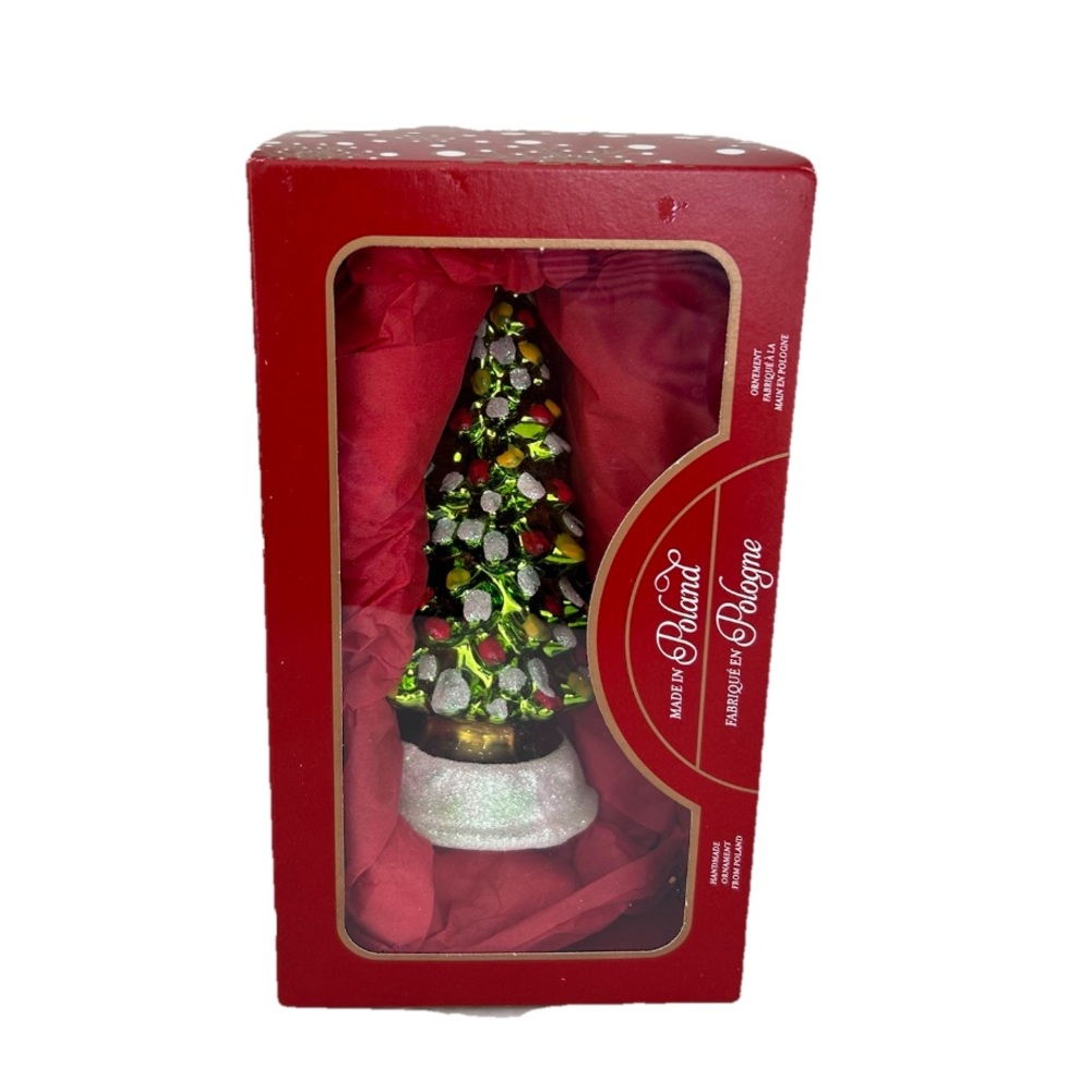 Holiday Tree Glass Ornament Made in Poland Green and Red
